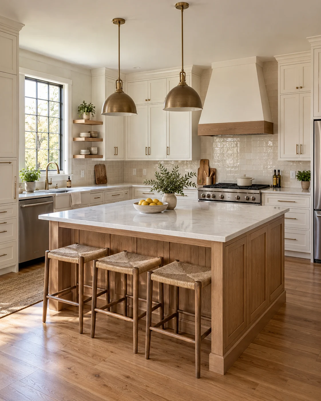 Warm oak kitchen island with white cabinetry and brass lighting