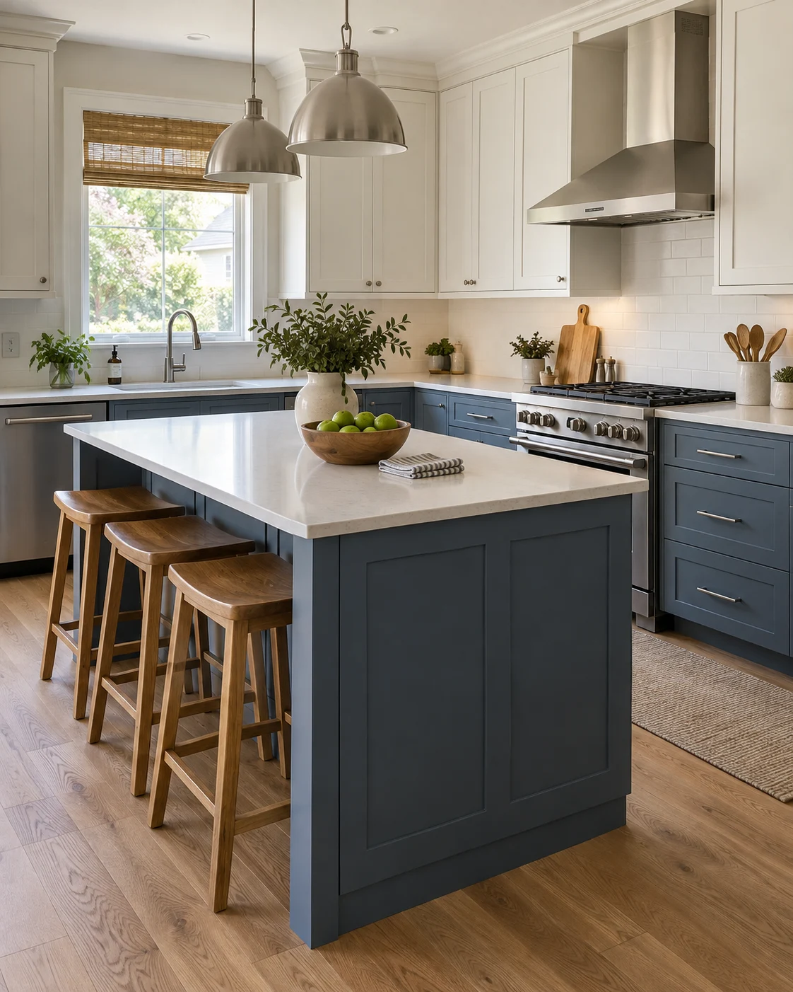 Blue-cabinet kitchen with island seating and white surfaces