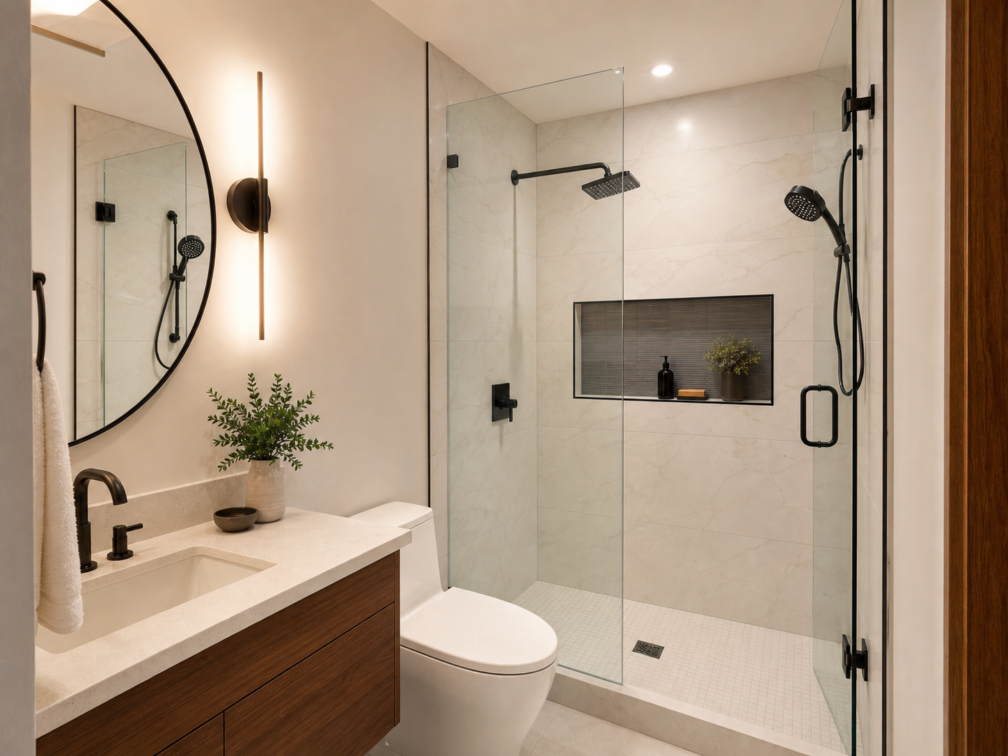 Compact spa bathroom with warm stone and wood finishes